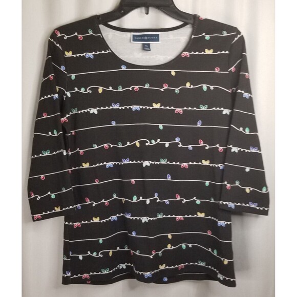 Petite Women's Top Karen Scott Holiday Light Design Black Size PS 3/4 Sleeve NEW - Picture 2 of 8